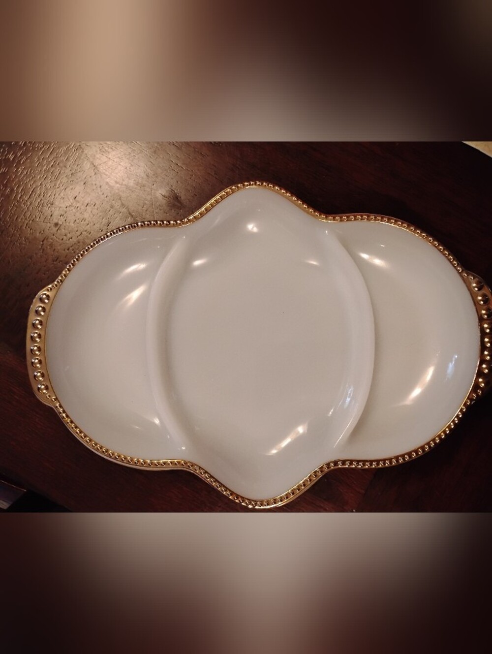 Vintage White Anchor Hocking Fire King Milk Glass Divided Relish Dish Gold Trim - Picture 2 of 7